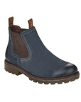 Women's Remonte D8472 Chelsea Boot in navy leather with brown elastic panels and durable sole, waterproof and perfect for fall outfits.