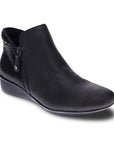 Black leather ankle boot with outside zipper closure and low wedge outsole.