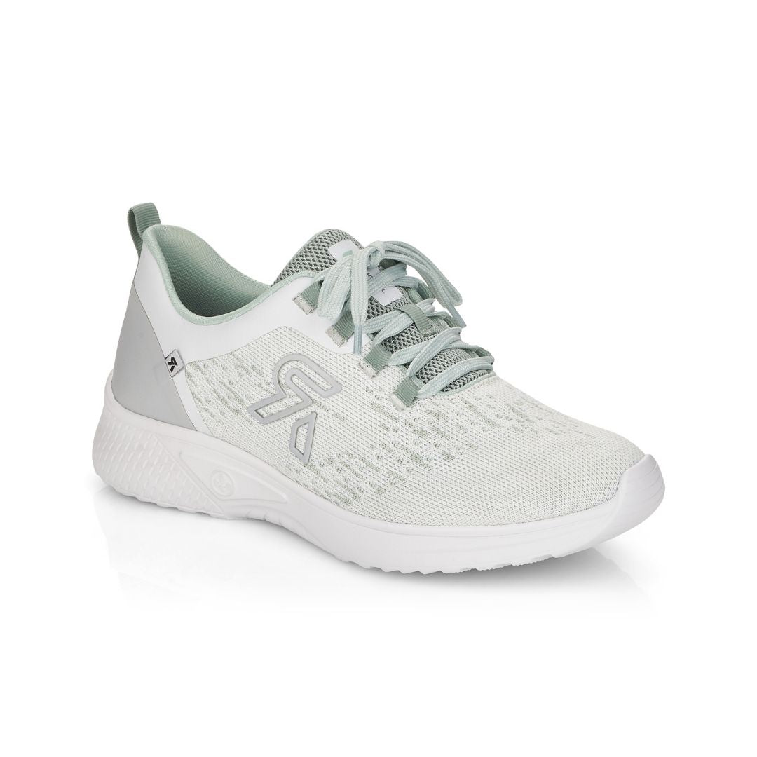 Light mint sneaker with laces and white outsole. R-Evolution by RIeker logo on side.