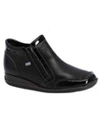 Black leather ankle boots with side zipper, patent accents, detail stitching and wedge heel.