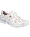Women's Rieker 48951 Velcro Shoe in metallic beige with leopard print upper, lightweight sole, ideal for bunions and hammertoes.