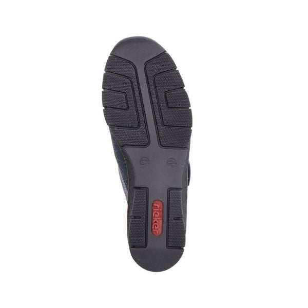 Outsole of navy Rieker 537C0 women's slip-on shoes with durable, shock-absorbing rubber sole and Rieker logo for traction.