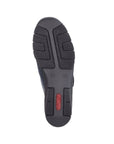Outsole of navy Rieker 537C0 women's slip-on shoes with durable, shock-absorbing rubber sole and Rieker logo for traction.