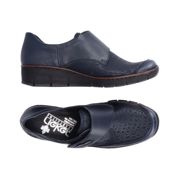 Top and side view of navy Rieker 537C0 slip-on shoes for women, featuring flexible sole and textured upper for casual fall outfits.