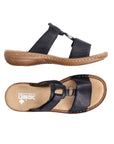 Top and side views of black Rieker 60885 Slide Sandals highlighting ergonomic footbed and Velcro strap design.