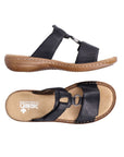 Pair of Black Slide sandals with two Velcro straps, textured details and medallion accent, tan Rieker logo'd footbed and brown outsole.