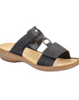 Women's Rieker 60885 Slide Summer Sandals in black with soft footbed and stylish metal ring detail for everyday wear.