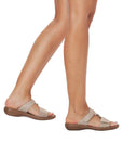 Beige Slide Sandals worn by a model.