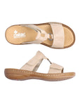 Top and side views of beige Rieker 60885 Slide Sandals showing lightweight sole and adjustable summer-ready design.