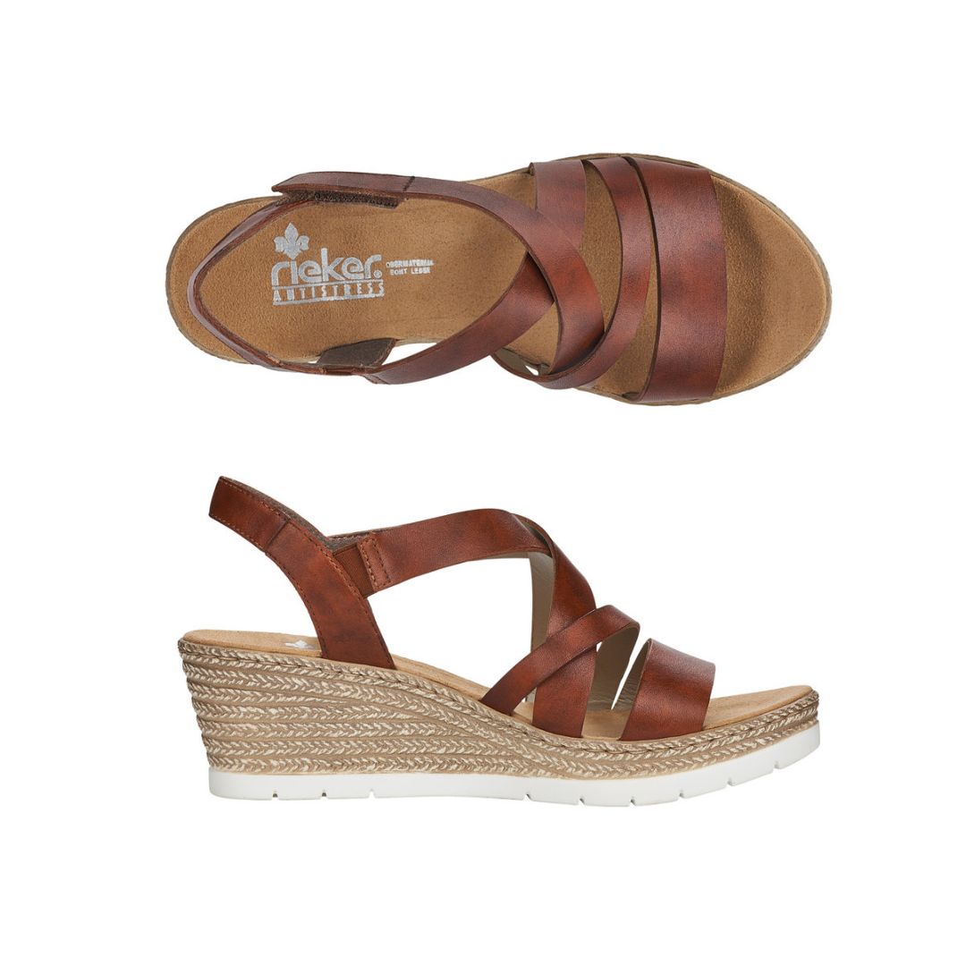 Side and top view of Women's Rieker 61937 sling-back platform wedge showcasing cushioned insole and stylish woven heel design.