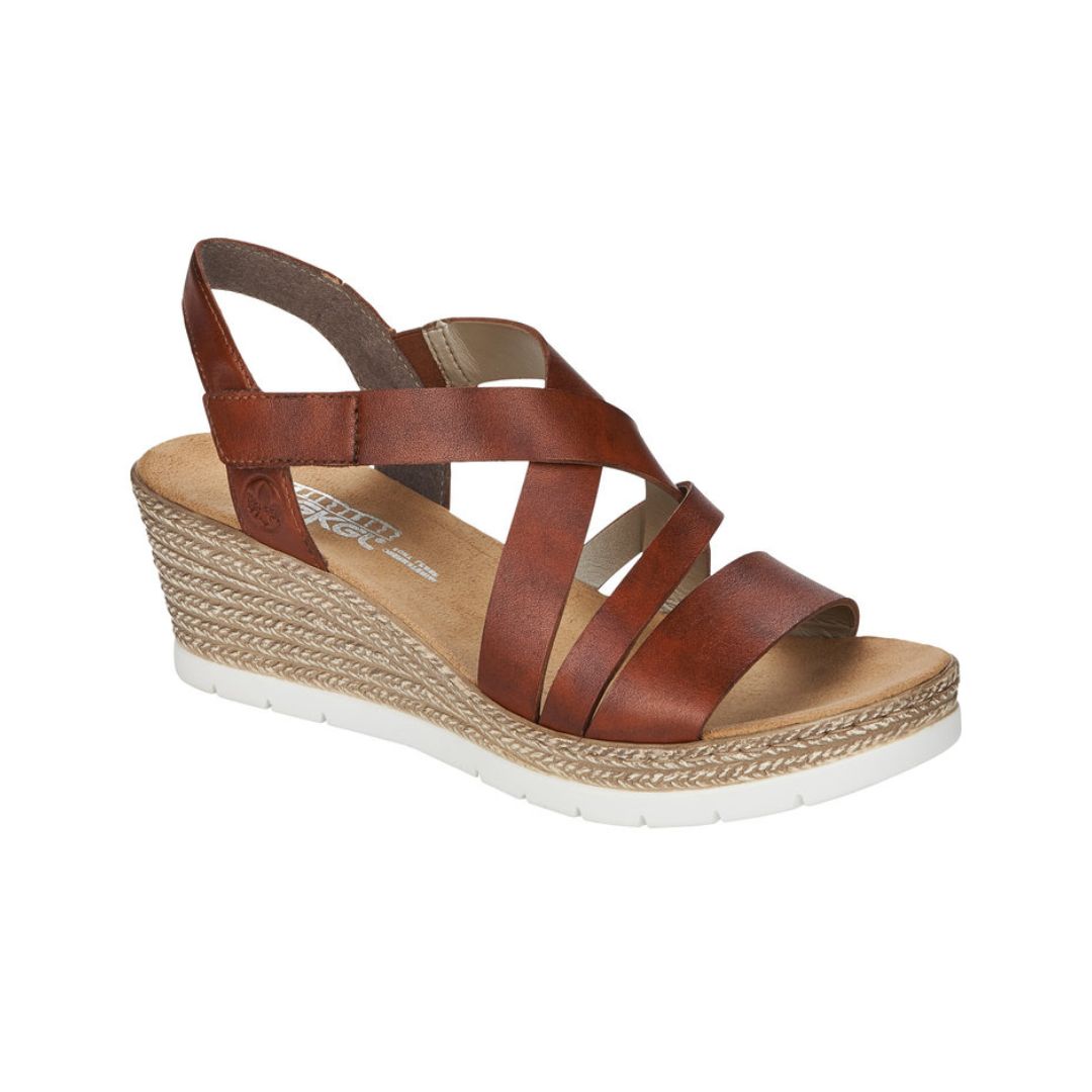 Women's Rieker 61937 sling-back platform wedge sandal in brown with crisscross straps and lightweight sole for summer comfort.