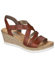 Women's Rieker 61937 sling-back platform wedge sandal in brown with crisscross straps and lightweight sole for summer comfort.