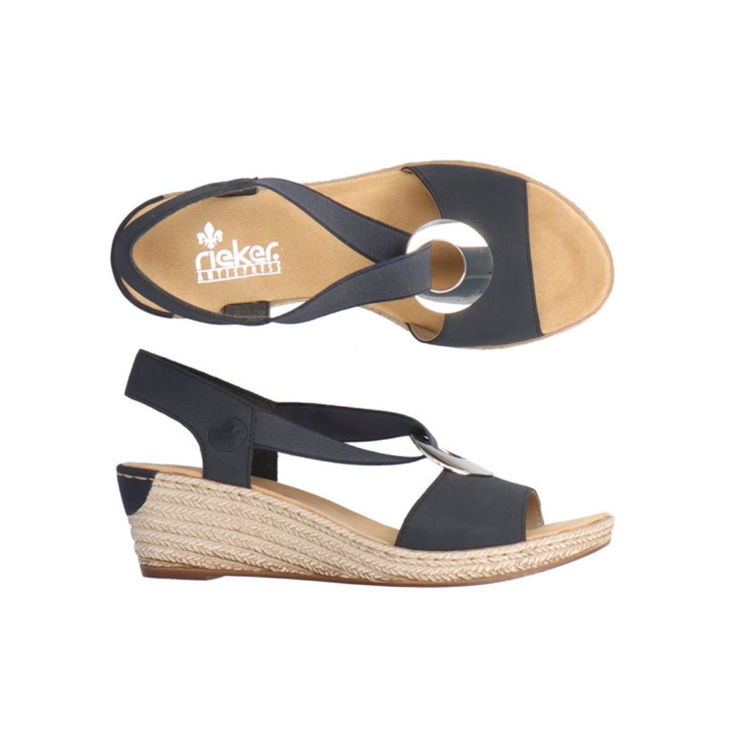 Top and side views of black Rieker 624H6 Sling-Back Wedge Sandal. Soft insole and elastic strap for enhanced comfort.