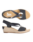 Top and side views of black Rieker 624H6 Sling-Back Wedge Sandal. Soft insole and elastic strap for enhanced comfort.
