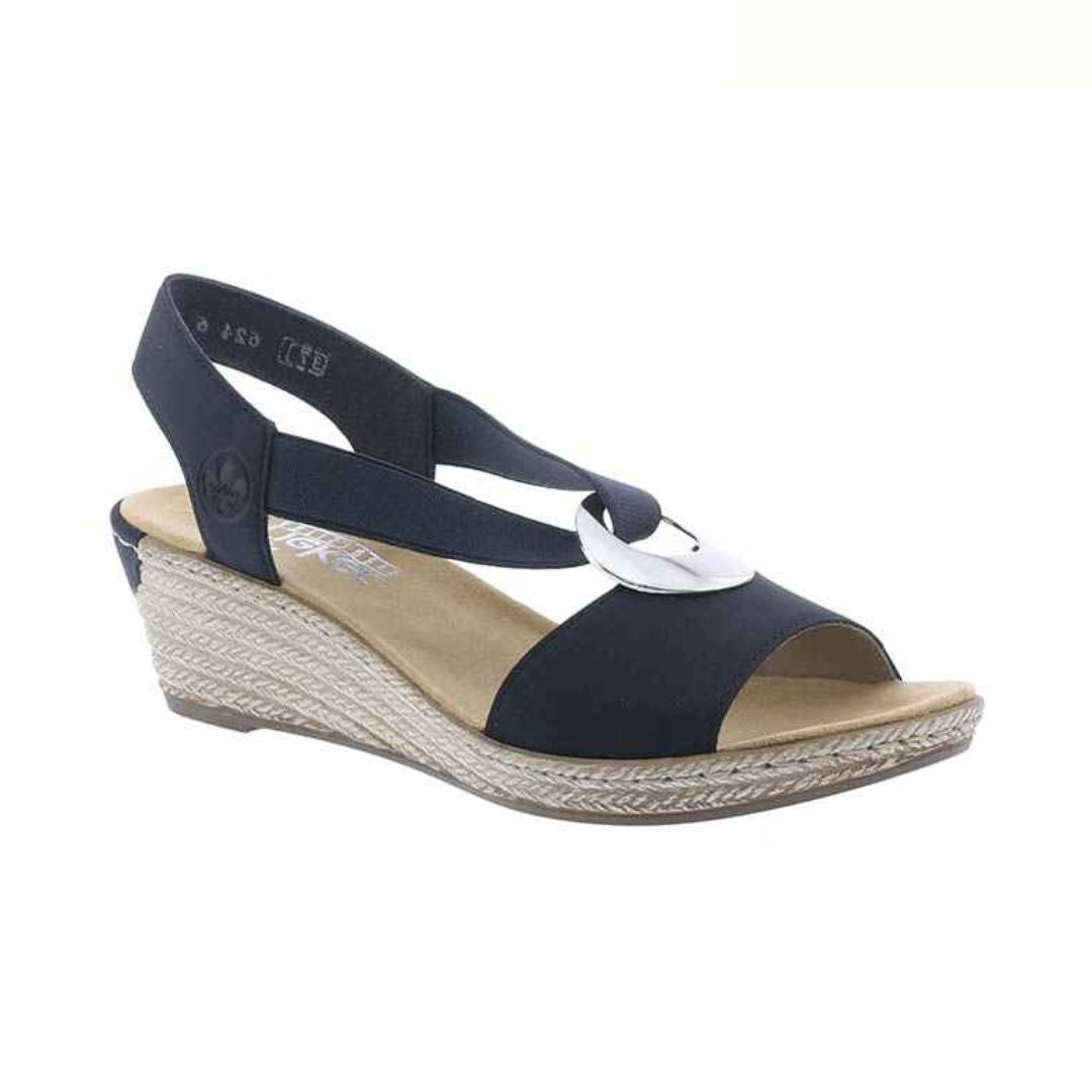 Women's Rieker 624H6 Sling-Back Wedge Sandal in black with open toe and silver ring detail. Lightweight and versatile for daily wear.