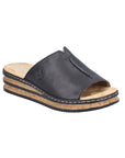 Platform slide sandal in black with tan Rieker logo'd footbed, thick band over vamp, and faux cork midsole with black line accents.