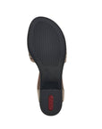 Bottom sole of taupe Women's Rieker 64677 Sling-Back Heeled Leather Sandal with non-slip rubber outsole and Rieker branding.