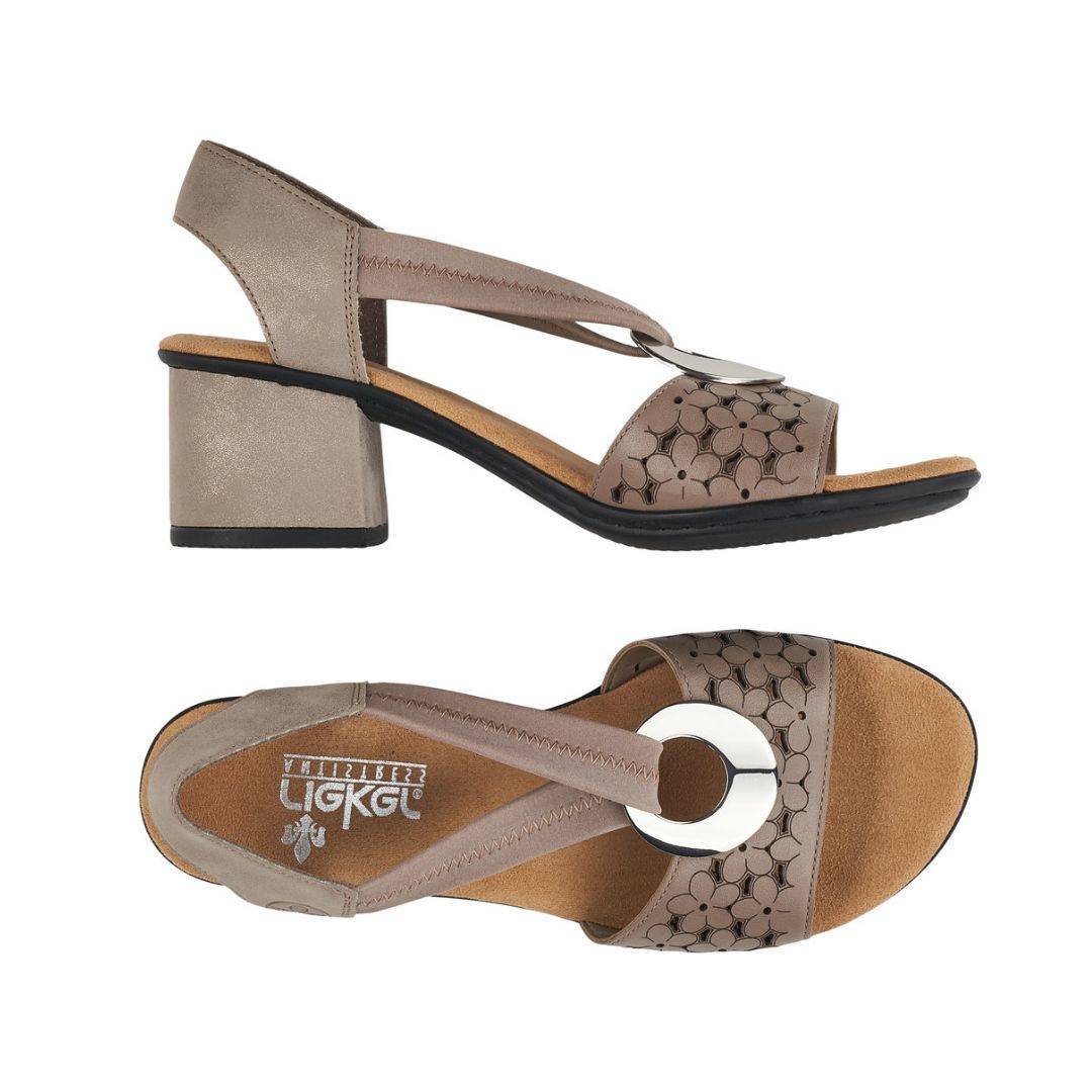 Top and side views of taupe Women's Rieker 64677 Sling-Back Heeled Leather Sandal featuring a medallion accent and cushioned footbed.