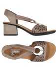 Top and side views of taupe Women's Rieker 64677 Sling-Back Heeled Leather Sandal featuring a medallion accent and cushioned footbed.