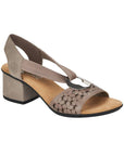 Taupe Women's Rieker 64677 Sling-Back Heeled Leather Sandal with block heel and circular embellishment, ideal for casual summer wear.