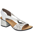 Women's Rieker 64677 Sling-Back Heeled Leather Sandal in white with block heel and circle medallion, perfect for summer outfits.
