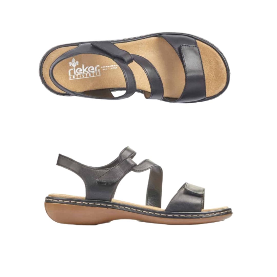 Top and side view of black Rieker 659C7 sandal for women with adjustable Velcro straps and comfort-focused design.