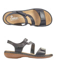 Top and side view of black Rieker 659C7 sandal for women with adjustable Velcro straps and comfort-focused design.