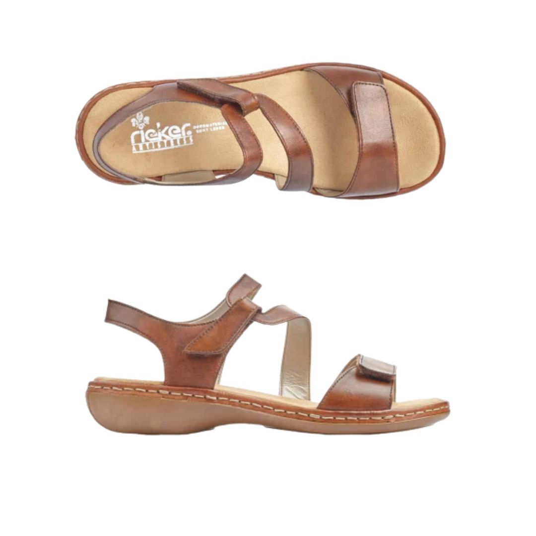 Top and side view of brown Rieker 659C7 sandal with leather upper, Velcro closure and ergonomic footbed for women.