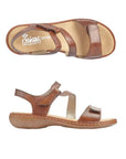 Top and side view of brown Rieker 659C7 sandal with leather upper, Velcro closure and ergonomic footbed for women.