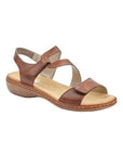 Brown sandal with Velcro toe strap and Velcro loop ankle strap with slight block heel and tan footbed