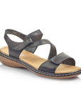 Black Rieker 659C7 women's leather sandal with Velcro straps, cushioned insole and flexible outsole for everyday wear.