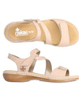 Top and side view of beige Rieker 659C7 sandal with soft suede finish, Velcro closure and comfort footbed.