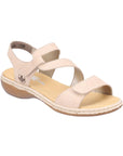 Beige suede Rieker 659C7 women's sandal with Velcro straps, cushioned insole and flexible sole for casual wear.