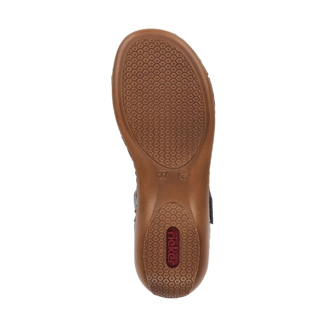 Outsole of Rieker 659C7 women's sandal showing durable, non-slip rubber sole with textured grip for traction.