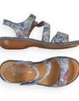 Top and side view of multicolor Rieker 659C7 women's leather sandal with adjustable Velcro straps and cushioned insole.