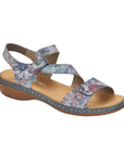 Blue multi sandal with Velcro toe strap and Velcro loop ankle strap with slight block heel and tan footbed