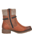 Side view of tan Rieker 79688 women's ankle boot with zipper and knit cuff, designed for warmth and easy wear in cold weather.