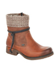 Women's Rieker 79688 waterproof ankle boot in tan with beige knit cuff and rope detail, combining fashion and function for winter.