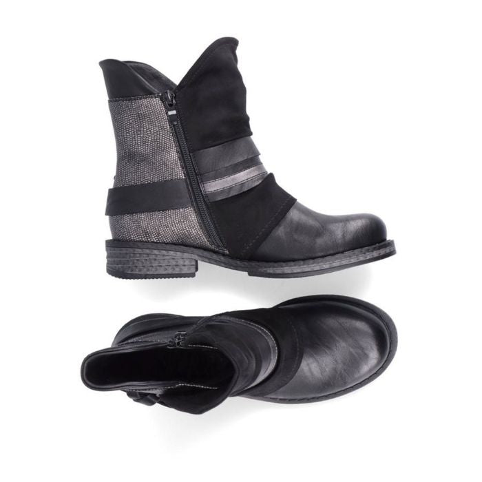 Top and side view of black ankle boot. by Rieker.