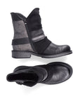 Top and side view of black ankle boot. by Rieker.