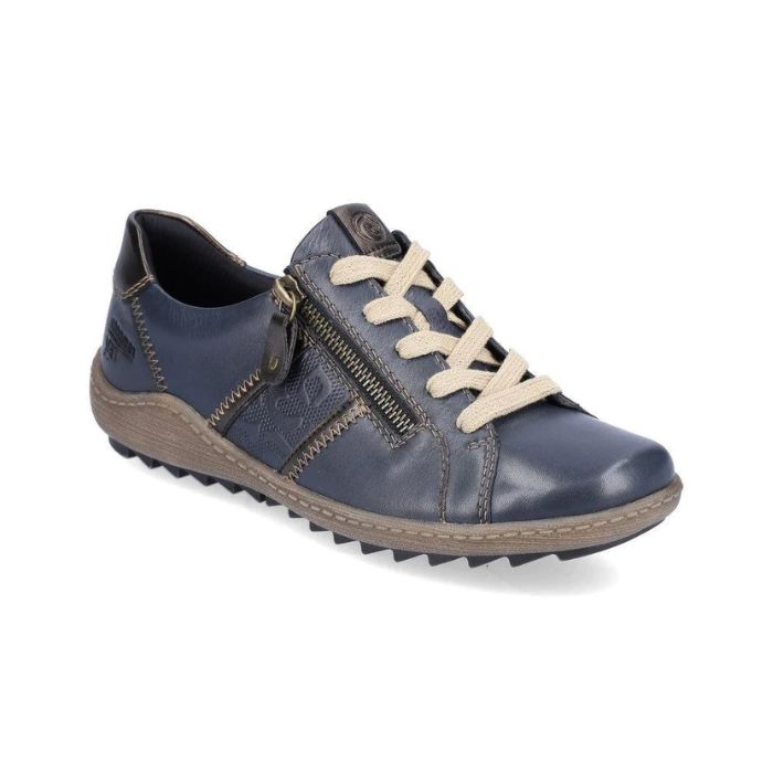 Navy leather sneaker with beige laces and side zipper closure.