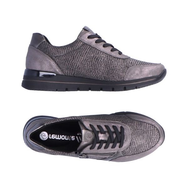 Grey lace up sneaker with low wedge outsole and side zipper closure. Remonte logo on insole.