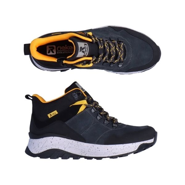 Top and side view of navy Rieker ankle boot with yellow accents, white speckled midsole and black outsole.