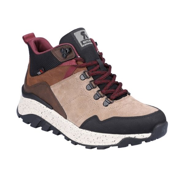 Brown winter ankle boot with heel pull tab, lace closure and R-evolution logo on tongue.