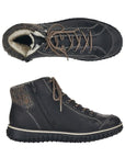 Top and side views of black Rieker Z4243 ankle boot showing cozy fleece lining, lace-up front, and side zipper for convenience.