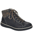 Women's Rieker Z4243 waterproof ankle boot in black with brown laces and tweed fleece collar, ideal for cold weather style.