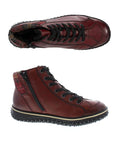 Top and side views of burgundy Rieker Z4243 ankle boot showing lace-up design, plaid collar, and inner zipper for easy wear.