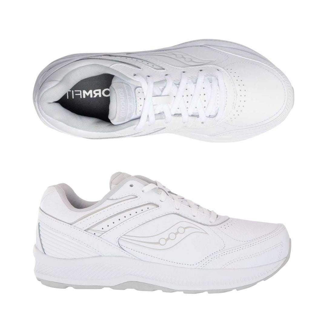 Top and side view of white leather lace up sneaker with Saucony logo on side