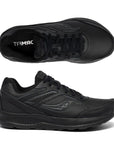Top and side view of black leather lace up sneaker with Saucony logo on side