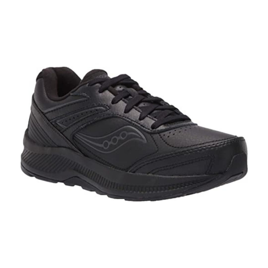 Black leather lace up sneaker with Saucony logo on side